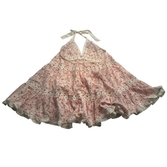 M1-10 SUNDAY ST. STROPEZ Women's Halter Mini Dress Lace Pink/White Size S - Picture 2 of 6
